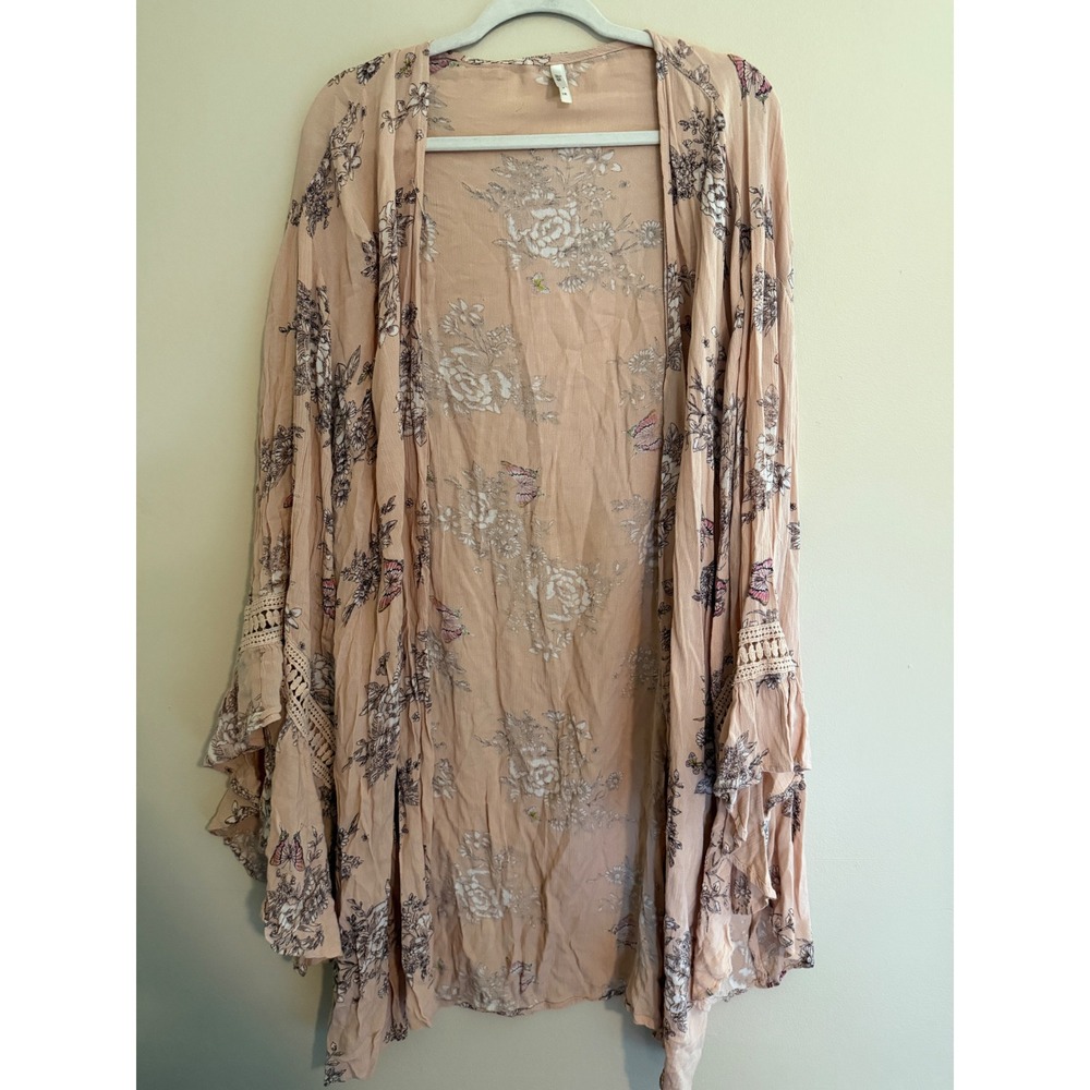 Truth NYC Floral Butterfly Boho Kimono Wrap Bell Sleeve Crochet Lace Blush  1X